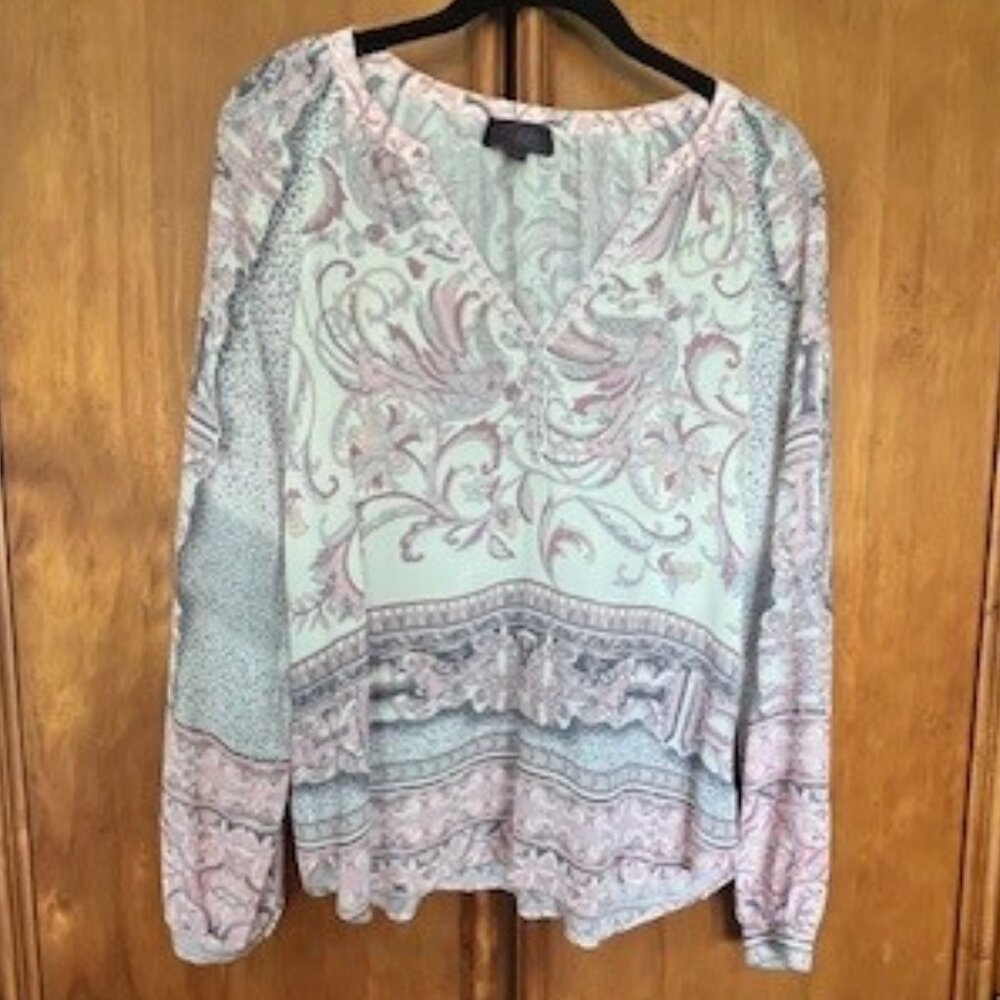 HALE BOB semi-sheer long sleeve top, cream/mauve/pink/grey pattern. Size Small